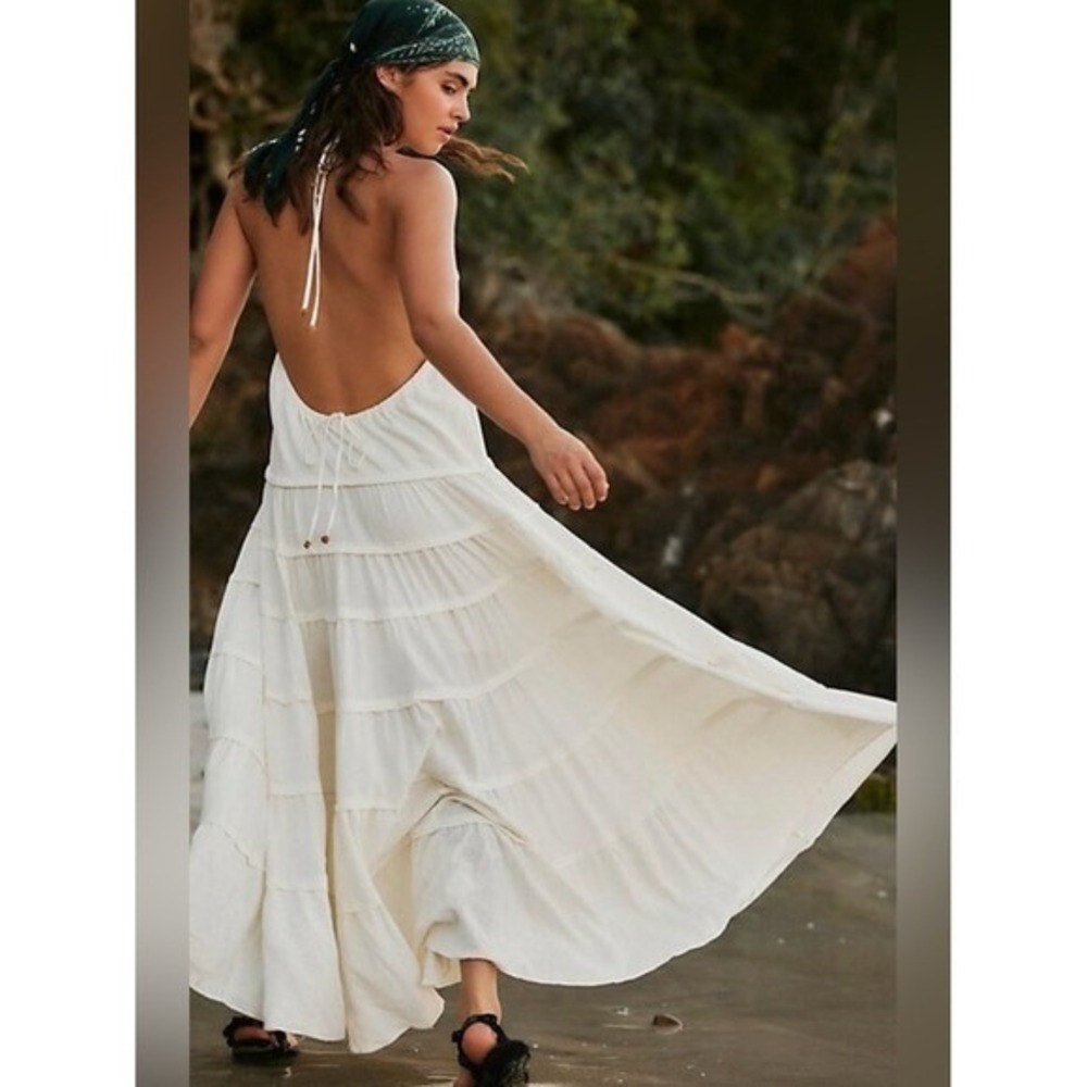 NWT Free People Somewhere Sunny Drop Waist Tiered Open Back Halter Maxi S NWT